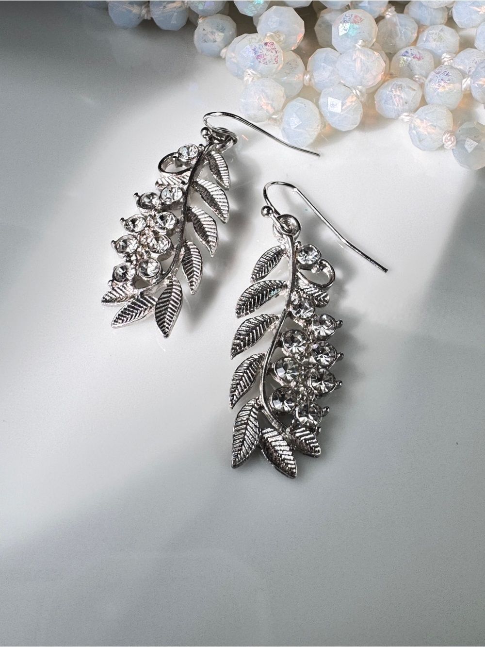 Zara Vintage Silver Leaf Crystal Drop Earrings